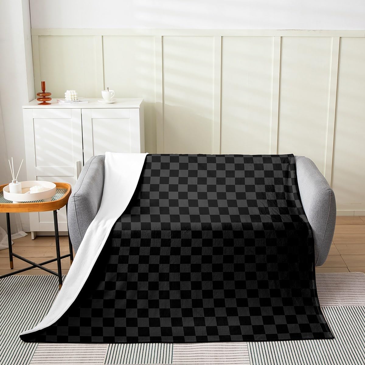 Black and Gray Checkered Throw Blanket,Geometric Plaids Grids Simple Fleece Blanket for Bedroom Decor,Abstract Checkerboard Buffalo Squares Super Soft Blankets All Seasons,Queen 90"x90"