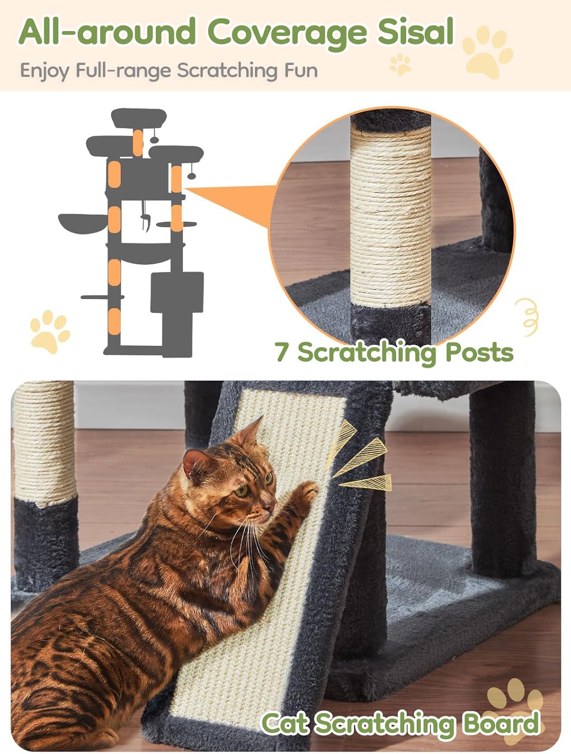 Taoqimiao 76-Inch Cat Tree XXL for Large Cats, Giant Cat Tower with Scratching Board, Extra-Large Metal Hammock, 3 Perches, 7 Sisal Posts, 2 Big Condos, Hanging Basket, Smoky Gray, MS047G