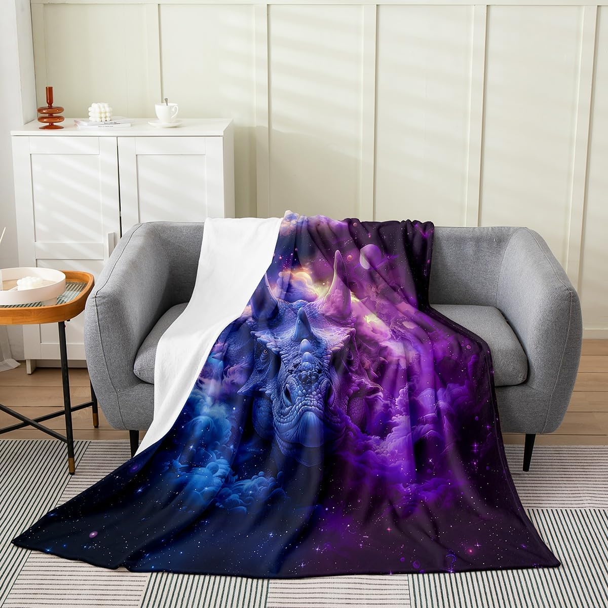 Erosebridal Triceratops Throw Blanket Funny Triceratops Fleece Blanket Queen 90X90 Purple Blue Smoke Fuzzy Blanket Mystical Galaxy Sky Bed Blanket Ancient Creatures Blanket