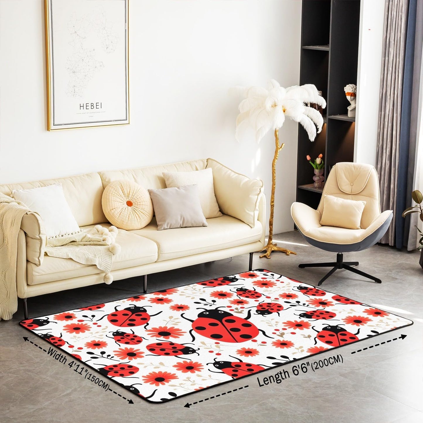 Erosebridal Ladybug Living Room Rugs 6'6" x 4'11" Seven-Spotted Area Rug for Kids Girls Women Floral Botanical Black Red White Decorative Carpet Non Slip Indoor Floor Mat