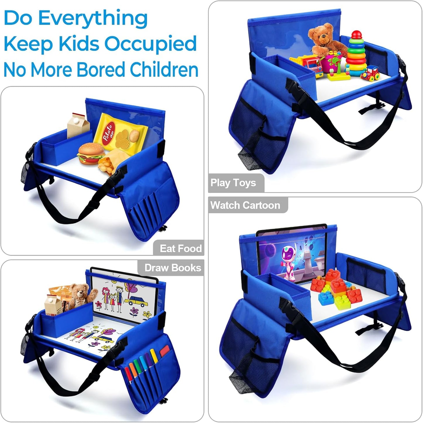 Travel Tray for Kids, Carseat Table Tray for Road Trip Activities, Toddler Lap Desk Organizer for Airplane - Blue