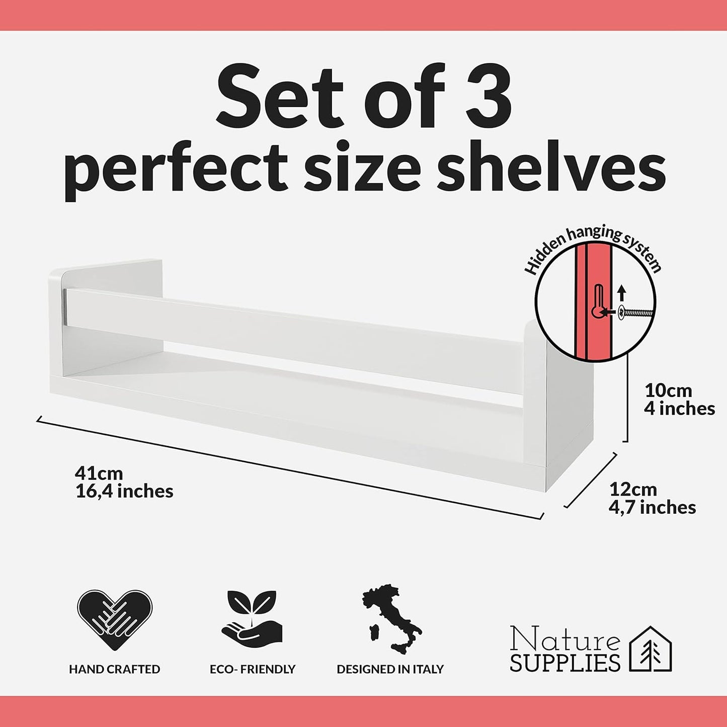 NATURE SUPPLIES Set of 3, 16.4" White Floating Nursery Shelves for Wall, Kids Bookshelf for Bedroom, Nursery Storage, Decorative Display for Kids Rooms, Modern Wall-Mounted Organizer for Home