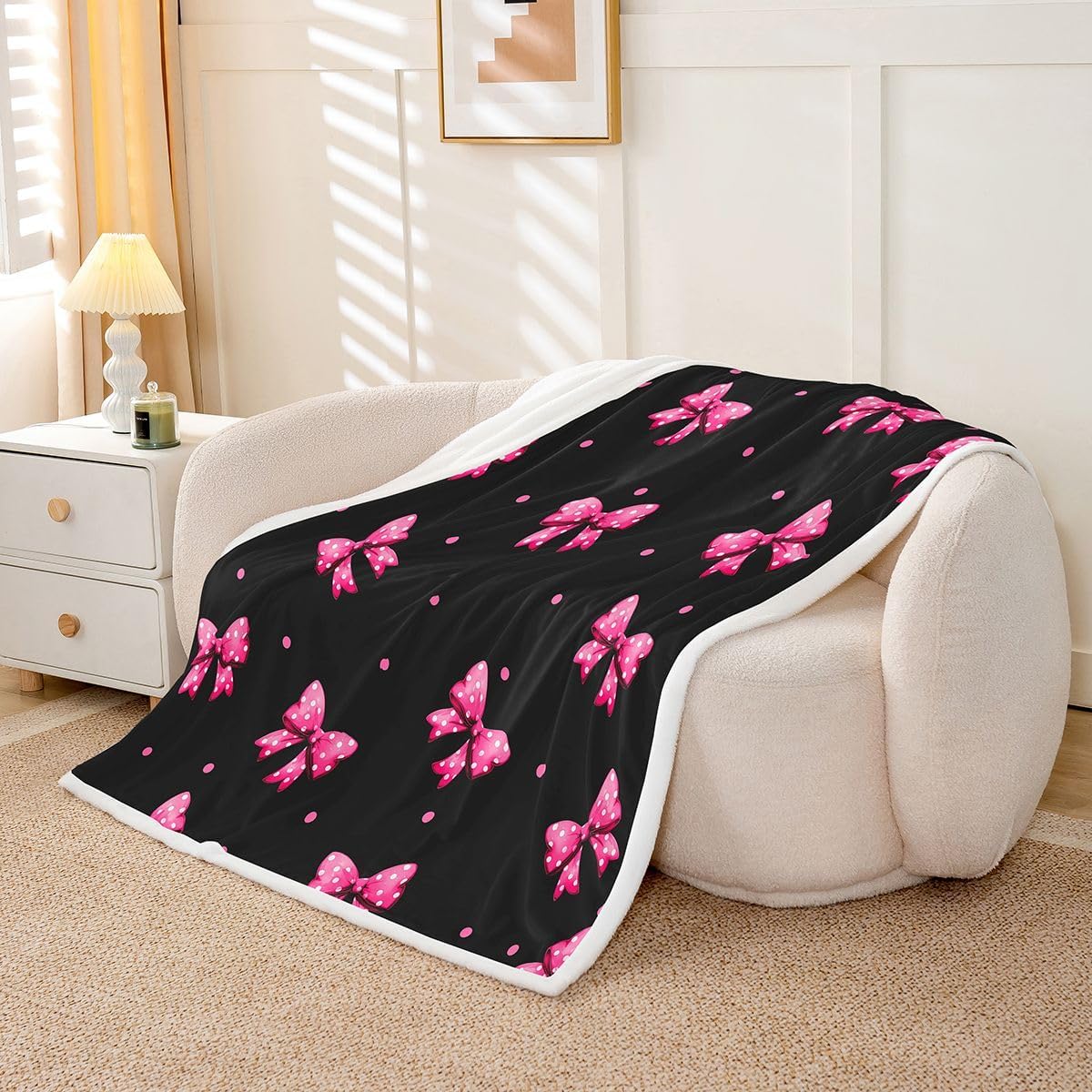 Feelyou Pink Bow Sherpa Throw Blanket for Couch Cute Polka Dot Super Soft Cozy Fleece Kawaii Bow Tie Blanket for Winter, Plush Throw Princess Decor Baby 30"x40" All Season