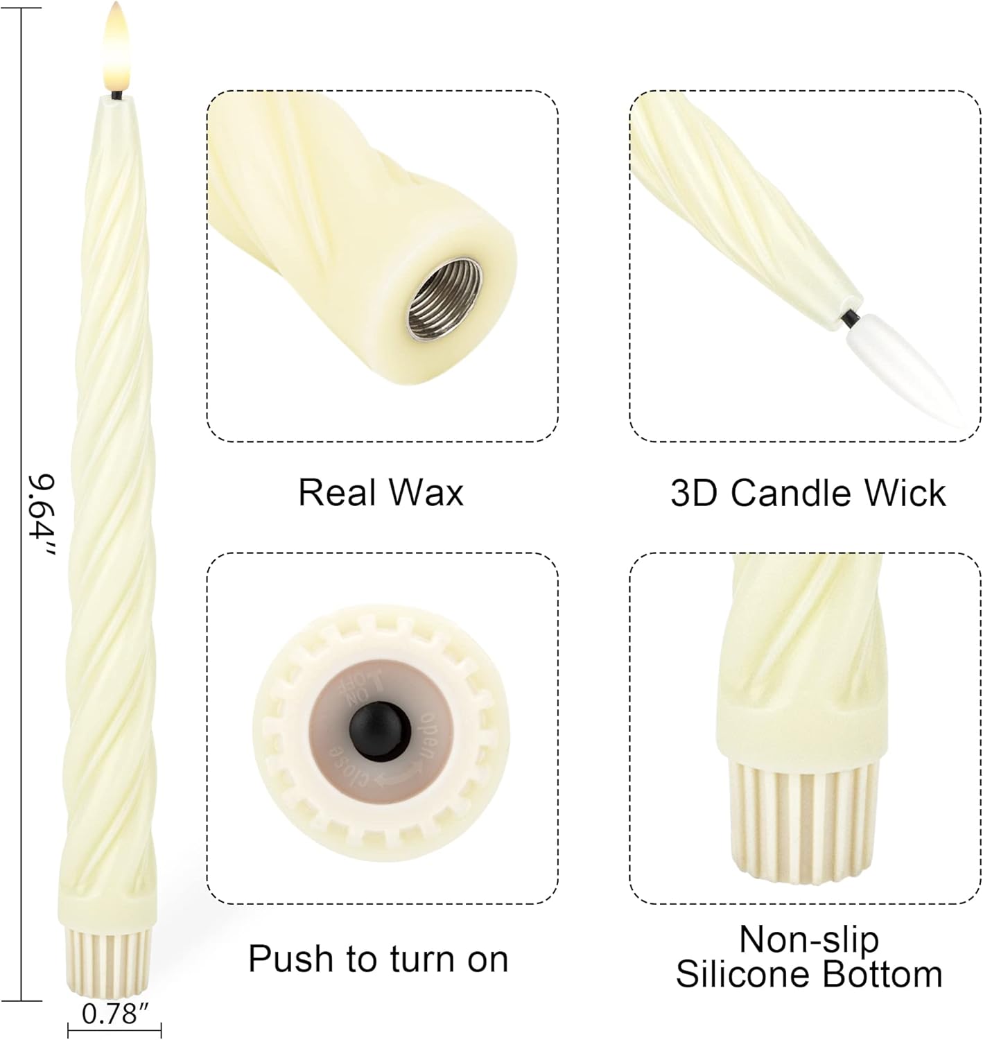 Flameless Taper Candles with 3D Wick, 9.6" Real Wax LED Candles with Remote and Timer, 3 Pack Flickering Candlesticks Battery Operated, Spiral Taper Candle for Home, Wedding, Party, Ivory