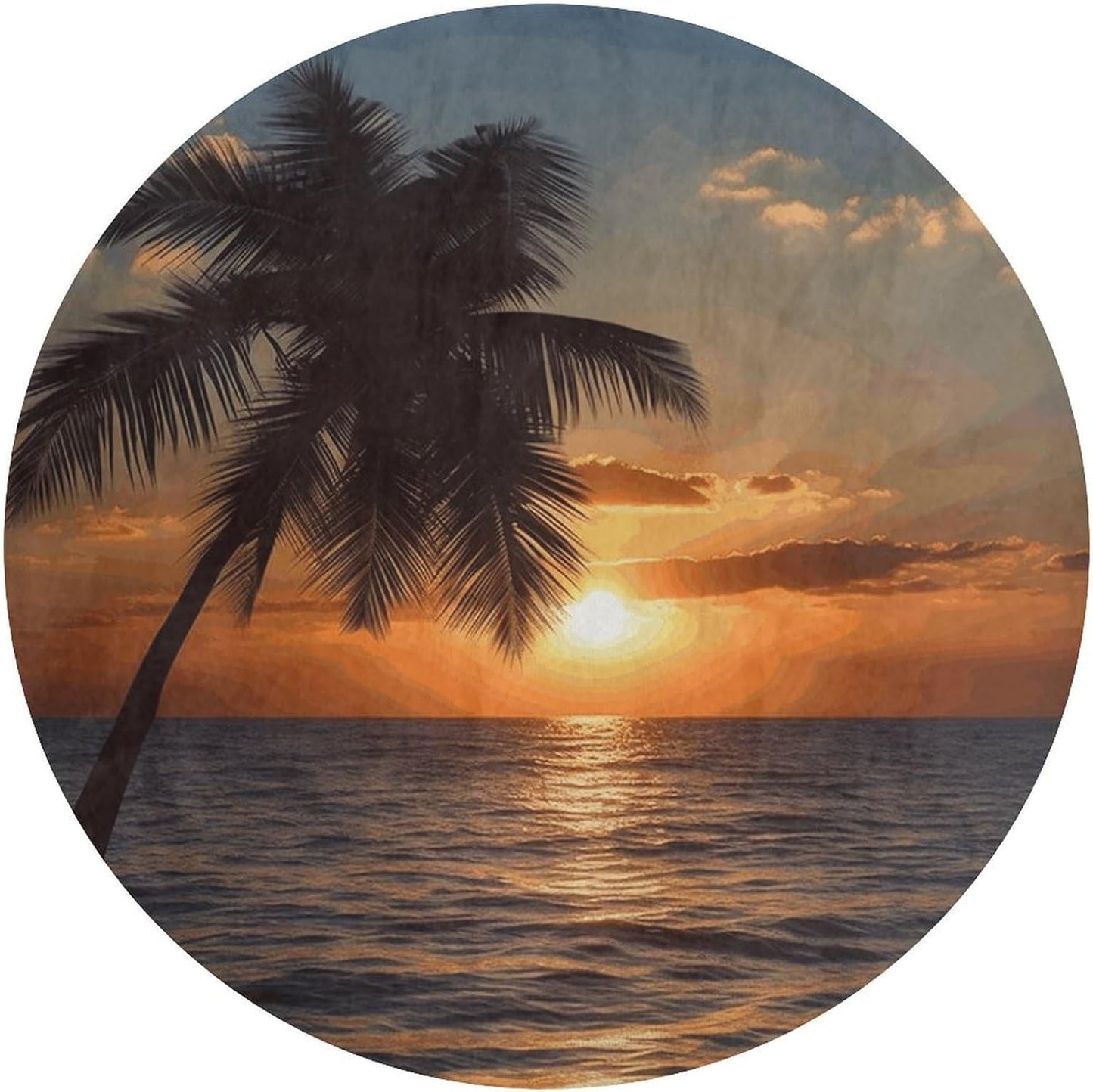 Sunset Palm Tree Ocean Circle Rug Retro Luxury Coral Velvet Floor Mat Non Slip Soft Indoor Floor Carpet Comfy Thickened Area Rugs Modern Aesthetic Minimalist Carpets for Home Decor