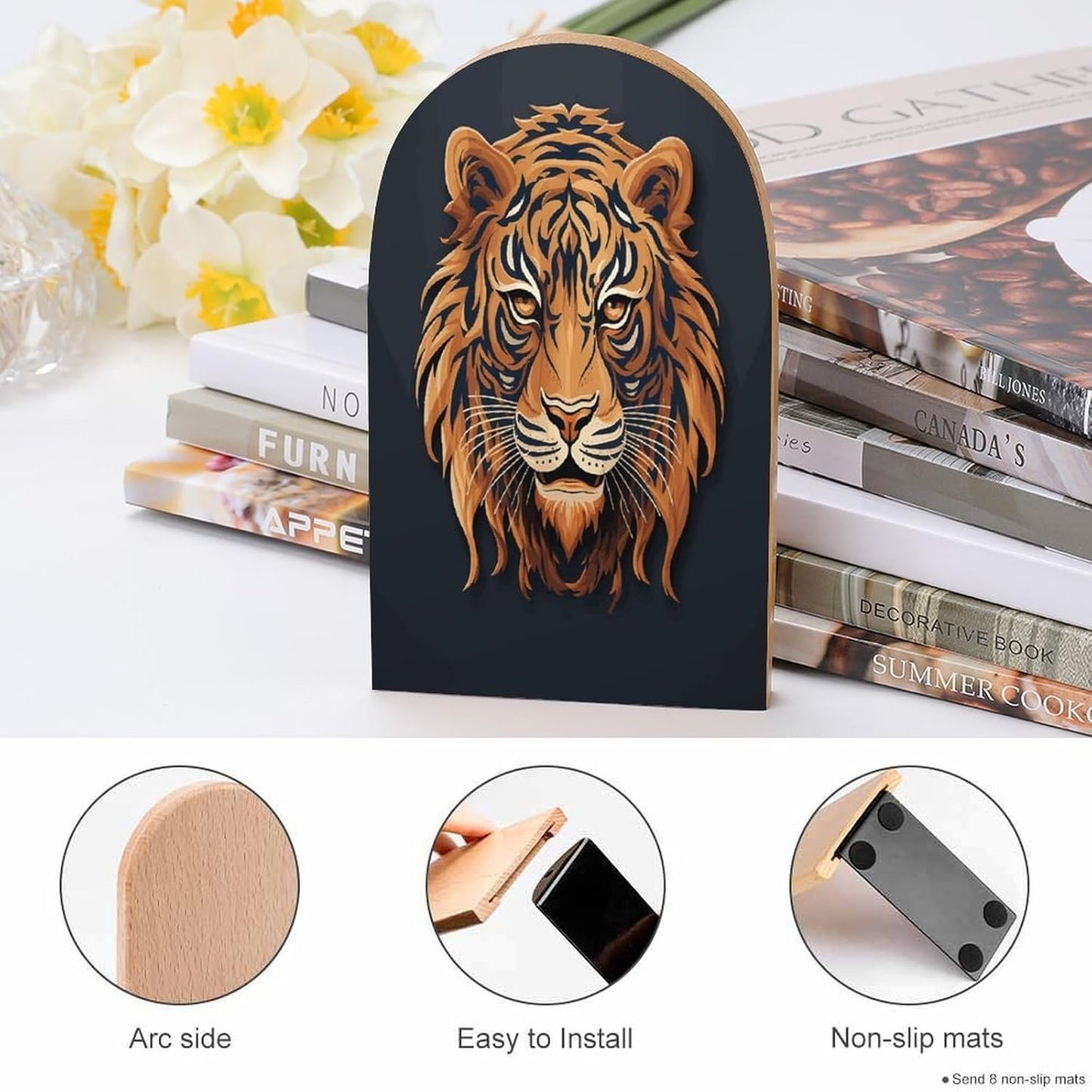 New Year Tiger Logo Design Bookends 1 Pair Heavy Duty Book Ends for Shelves Non-Skid Bookend Supports Wooden Book Holders with Metal Base Desk Organizers Books Storage to Hold Books