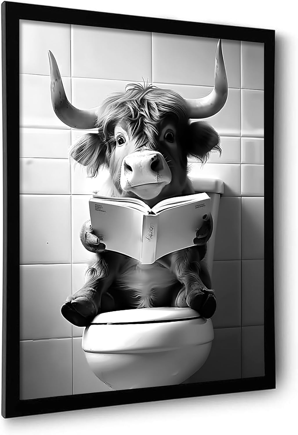 OIQArtOIQ Funny Bathroom Framed Wall Art Black and White Animal Canvas Wall Art Prints Highland Cow Reading Pictures Wall Decor Modern Minimalist Humorous Artwork For Restroom