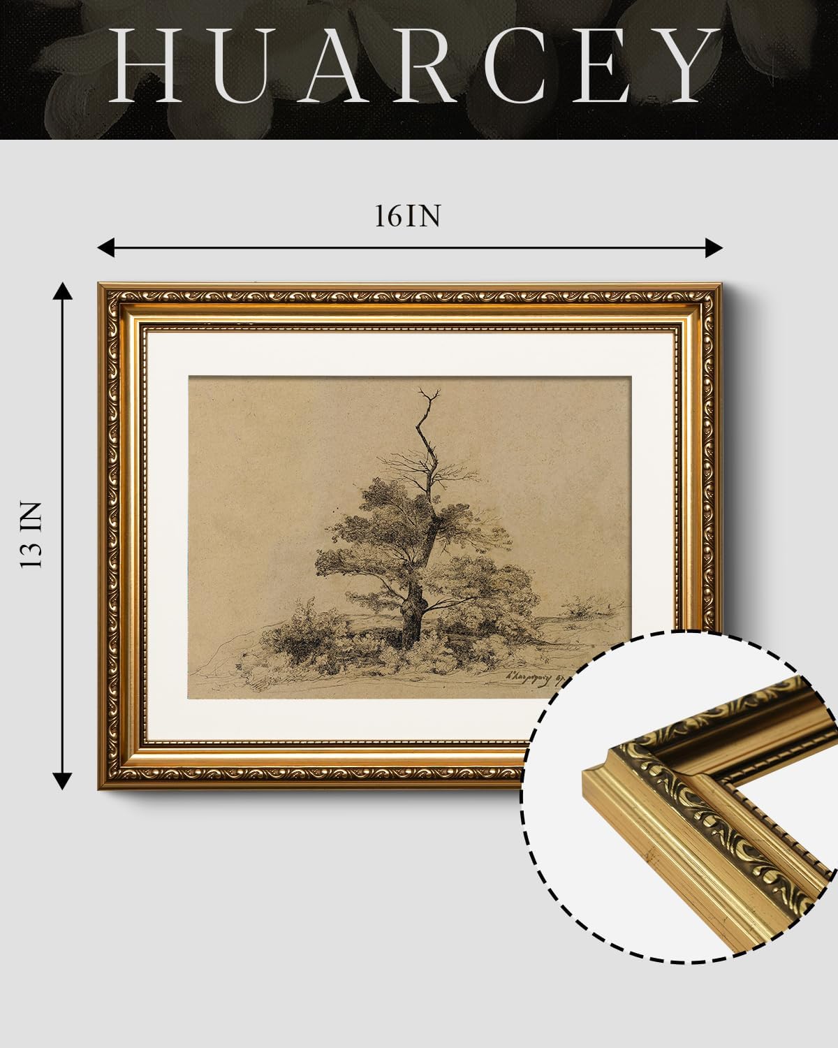 Vintage Gold Relief Framed Tree Sketch Wall Art 13x16 Inch, Classic Landscape Neutral Beige Artwork, Antique Nature Drawing Print Living Room Bedroom Study Office Hallway Farmhouse Home Decor