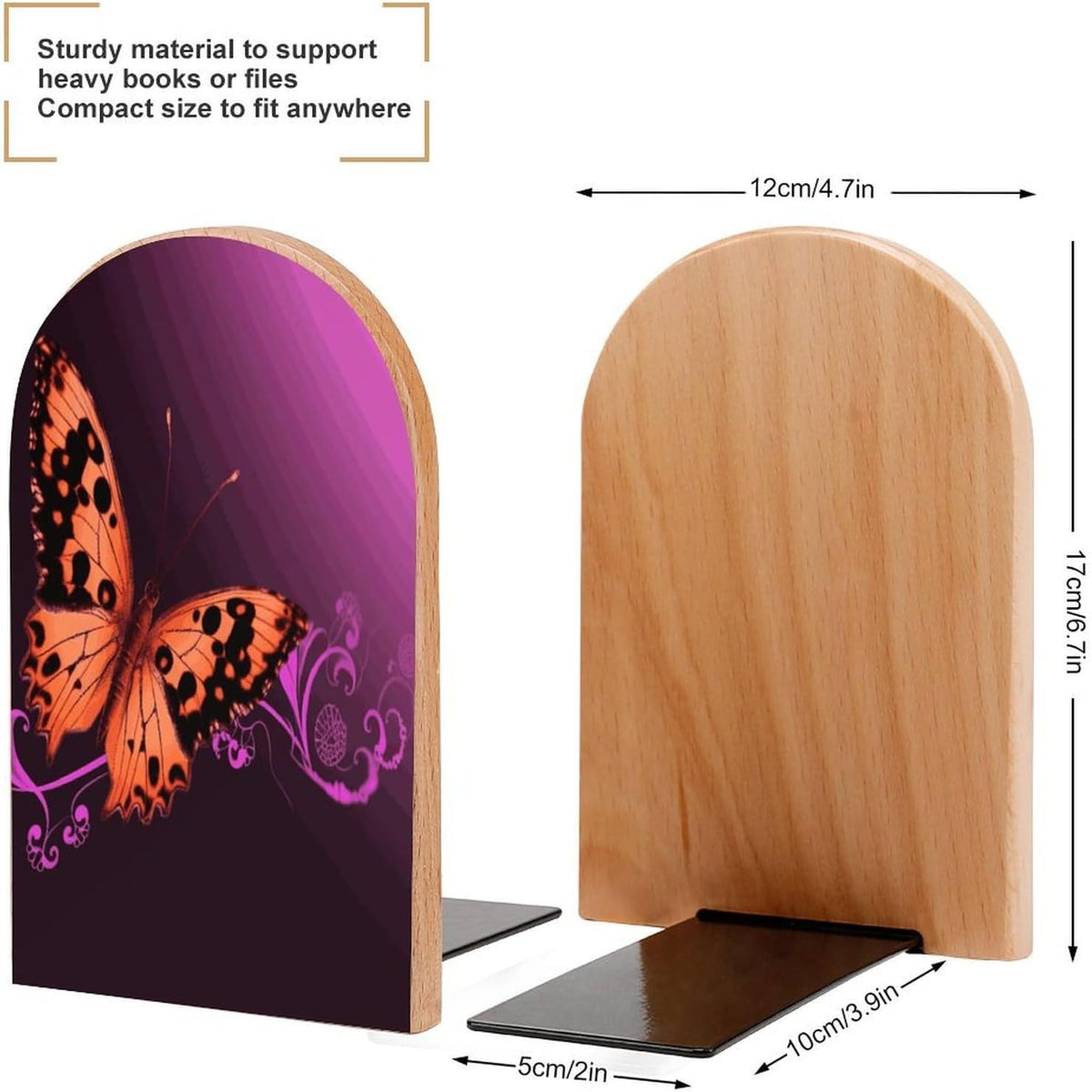 Non-Slip Bookend for Shelves Nice Butterfly Wooden Bookends with Metal Base Decorative Book Stopper for Home Heavy Duty Wood Book Storage for Books/CDs