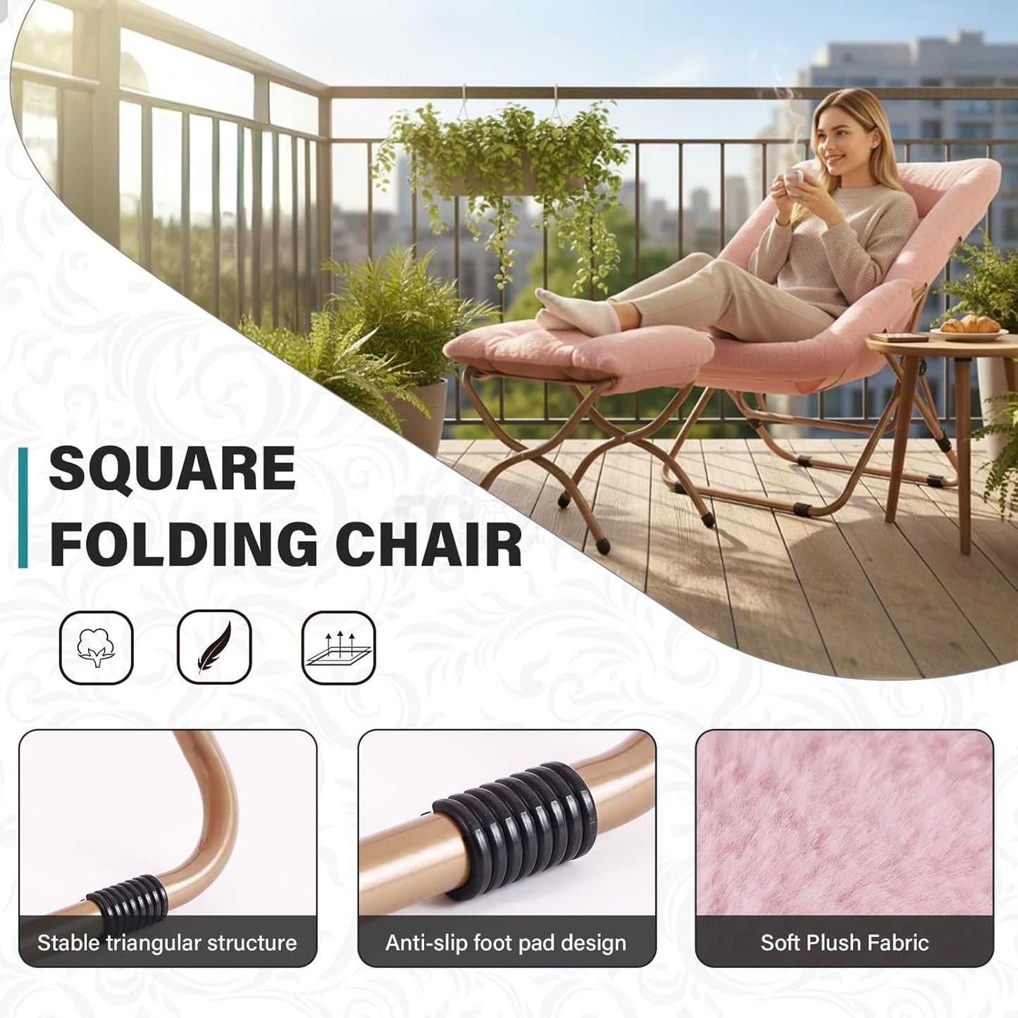 Tiita Folded Chair with Ottoman, Soft Faux Fur Oversized Folding Accent Chair,Lazy Chair, Metal Frame Moon Chair for Bedroom, Living Room, Dorm Rooms, Garden and Courtyard