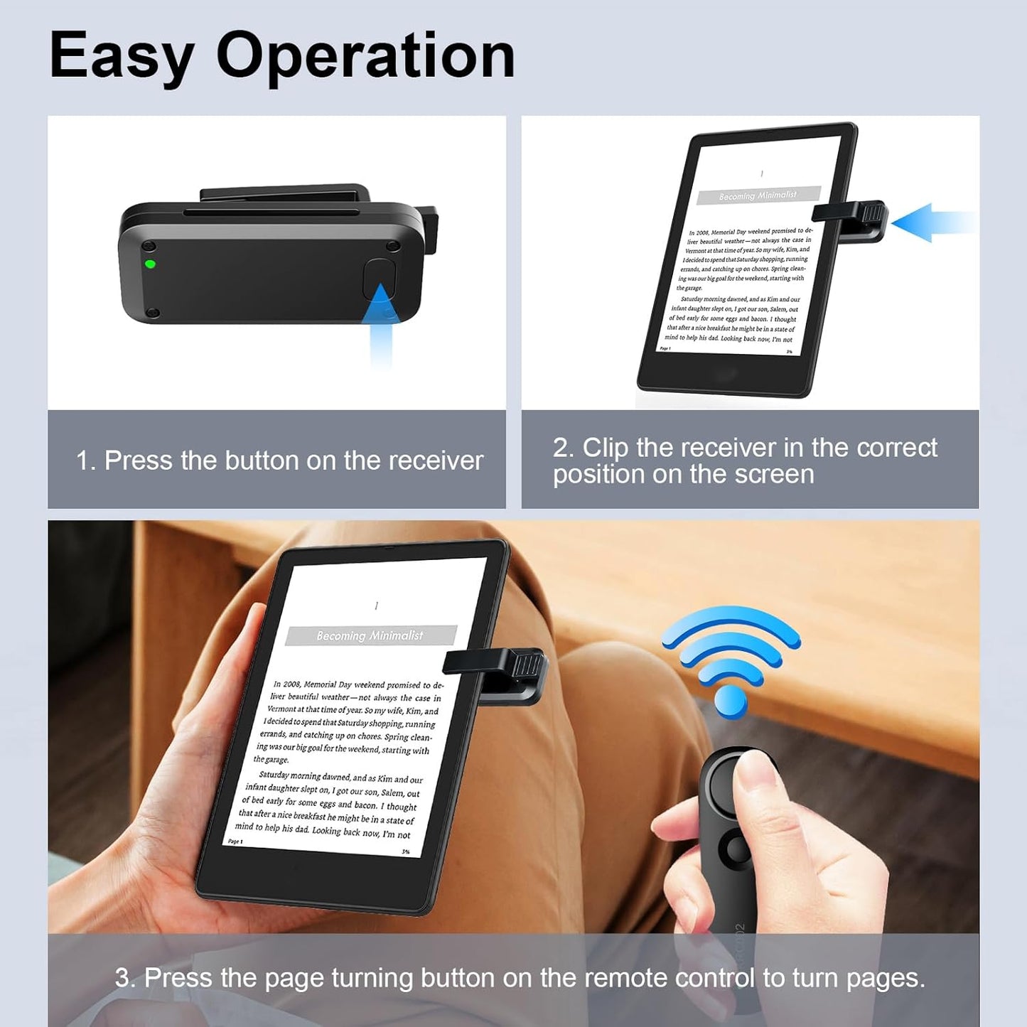 Remote Control Page Turner for Kindle Paperwhite Oasis Scribe, Page Turner Clicker for Kindle App, eReader APP of iPad, iPhone, Android Tablets, with Reading Light, Black