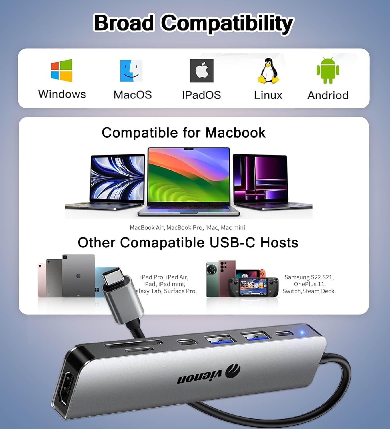 USB C Hub HDMI Adapter for Monitor, VIENON 7 in 1 USB C Docking Station with 4K HDMI, SD/TF Card Reader Compatible for MacBook Pro, XPS More Type C Devices