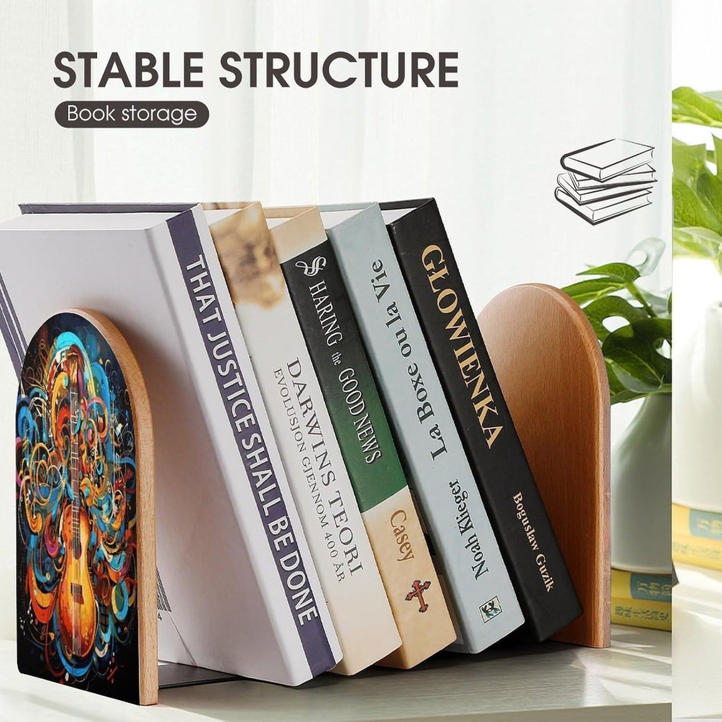 Music Series Bookend for Shelves Wooden Book End Large Size Sturdy Book Holders Stoppers with Metal Base for Bookshelves Slick Decorative Bookends Stands