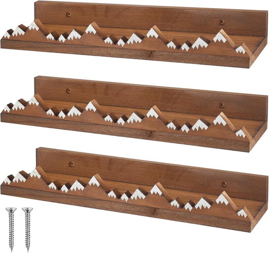Wenqik 3 Pcs Snow Mountain Floating Shelves Wood Nursery Book Shelves Wall Mounted Rustic Floating Ledge for Kids Room(Dark Brown)