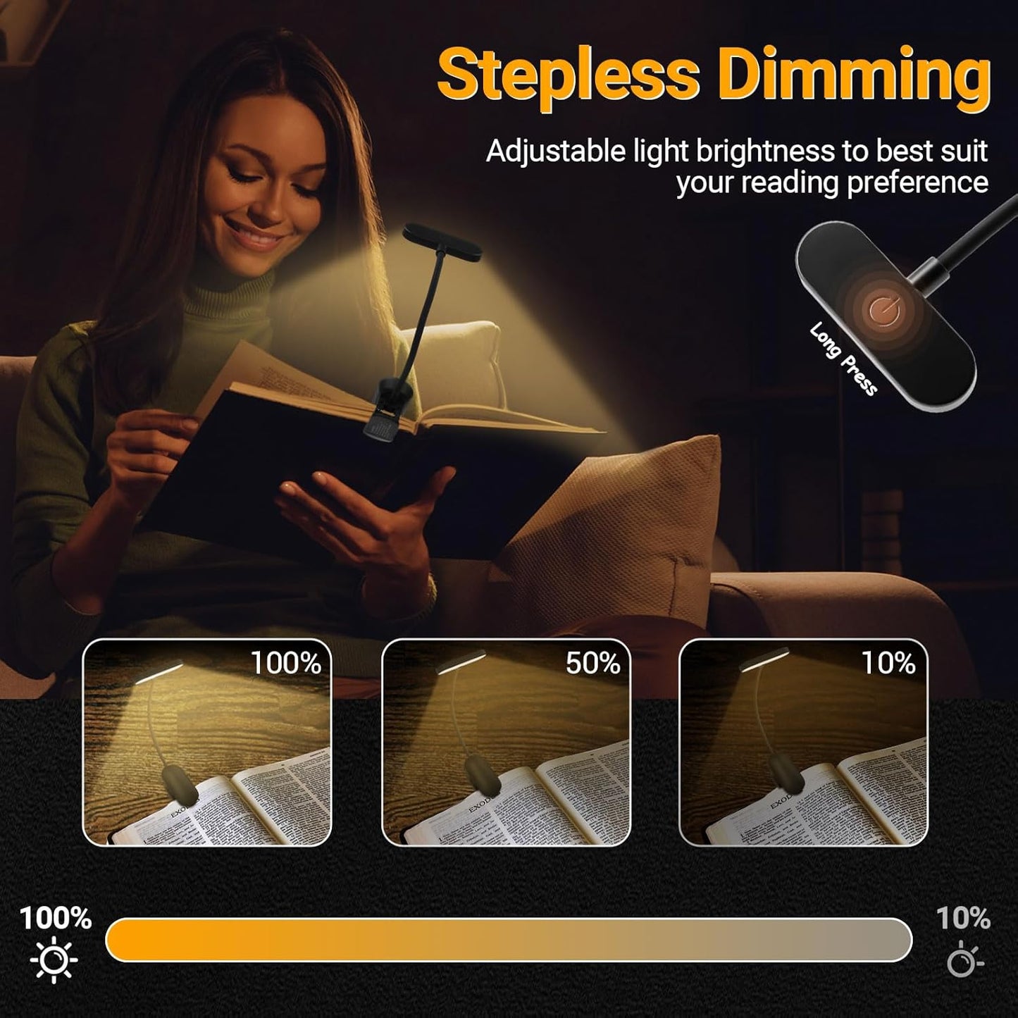 Book Light for Reading at Night, Rechargeable Book Reading Light Clip on, 3 Color Modes & Stepless Dimming, 14 LEDs & 80 Hrs Lightweight Reading Lamp for Book Lovers