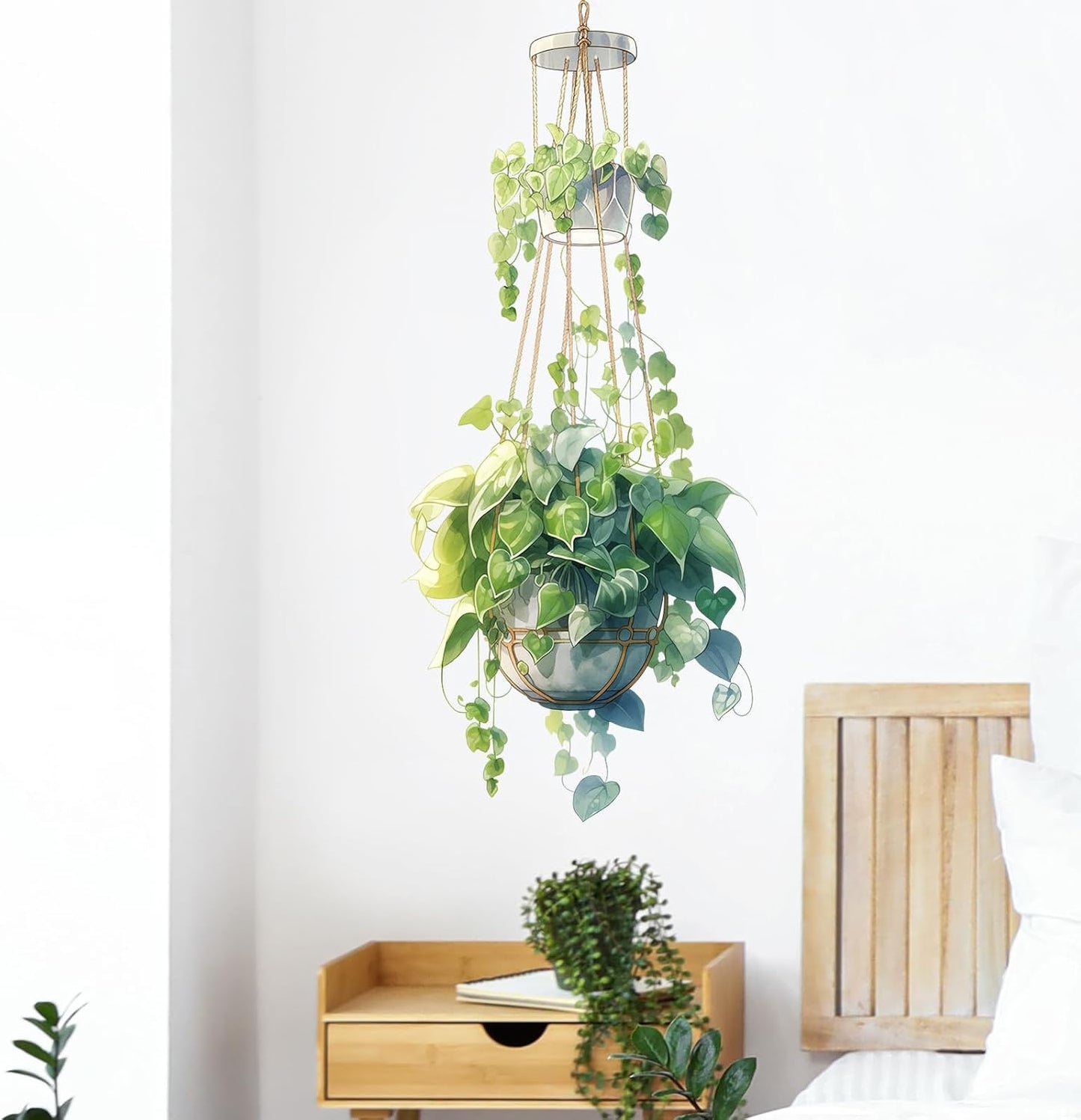 Double-Layer Hanging Basket Wall Stickers for Living Room Verdant Leaves Plant Wall Decal Removable Peel and Stick Wall Art Home Decor Decoration for Bedroom Bathroom Classroom Library Nursery