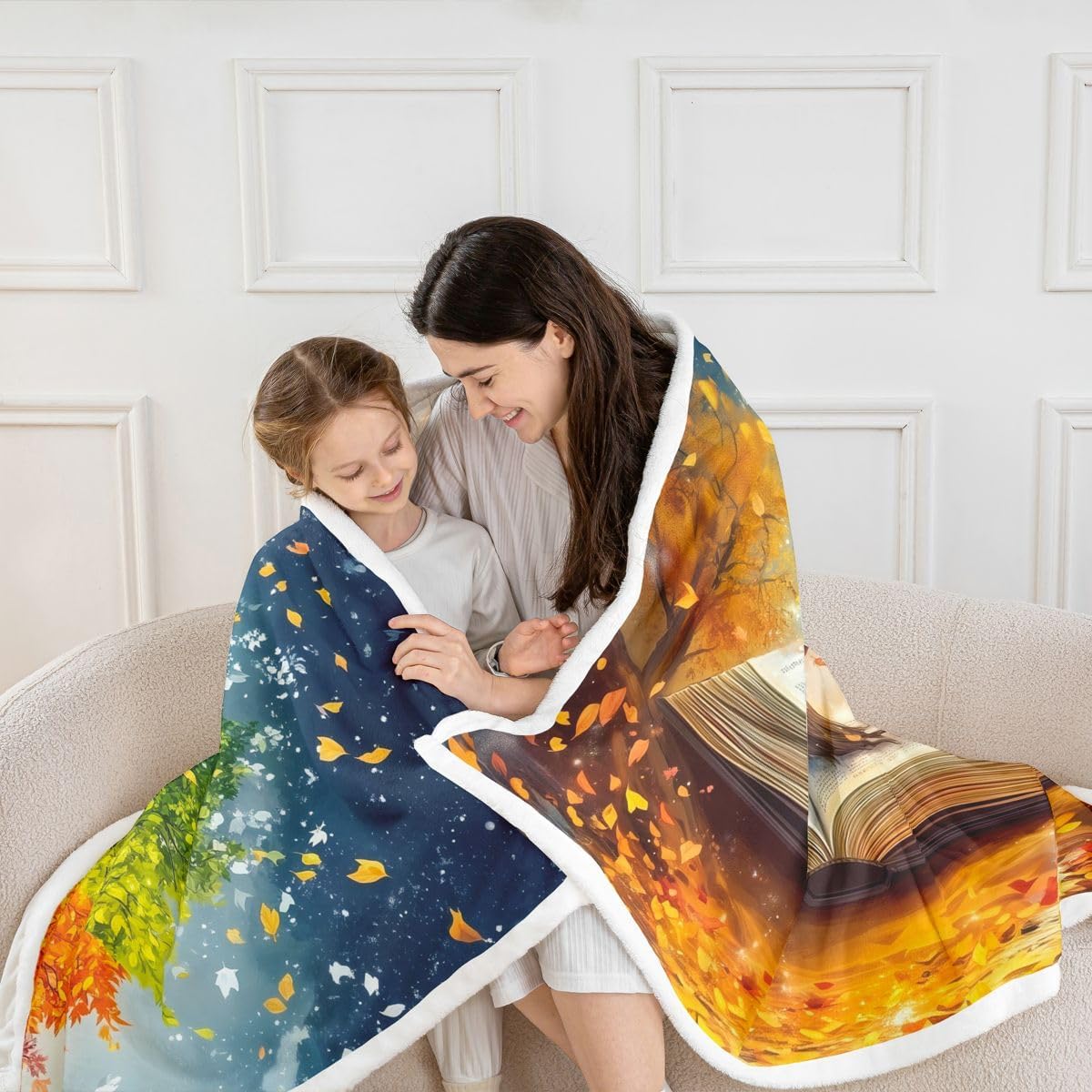 Manfei Life Tree Throw Blanket Book Reading Lover Soft Cozy Fluffy Blanket for Bed Sofa Couch Rustic Style Fall Leaves Blankets Plush for Kids Adults Room Decor 30"x40" Orange Blue