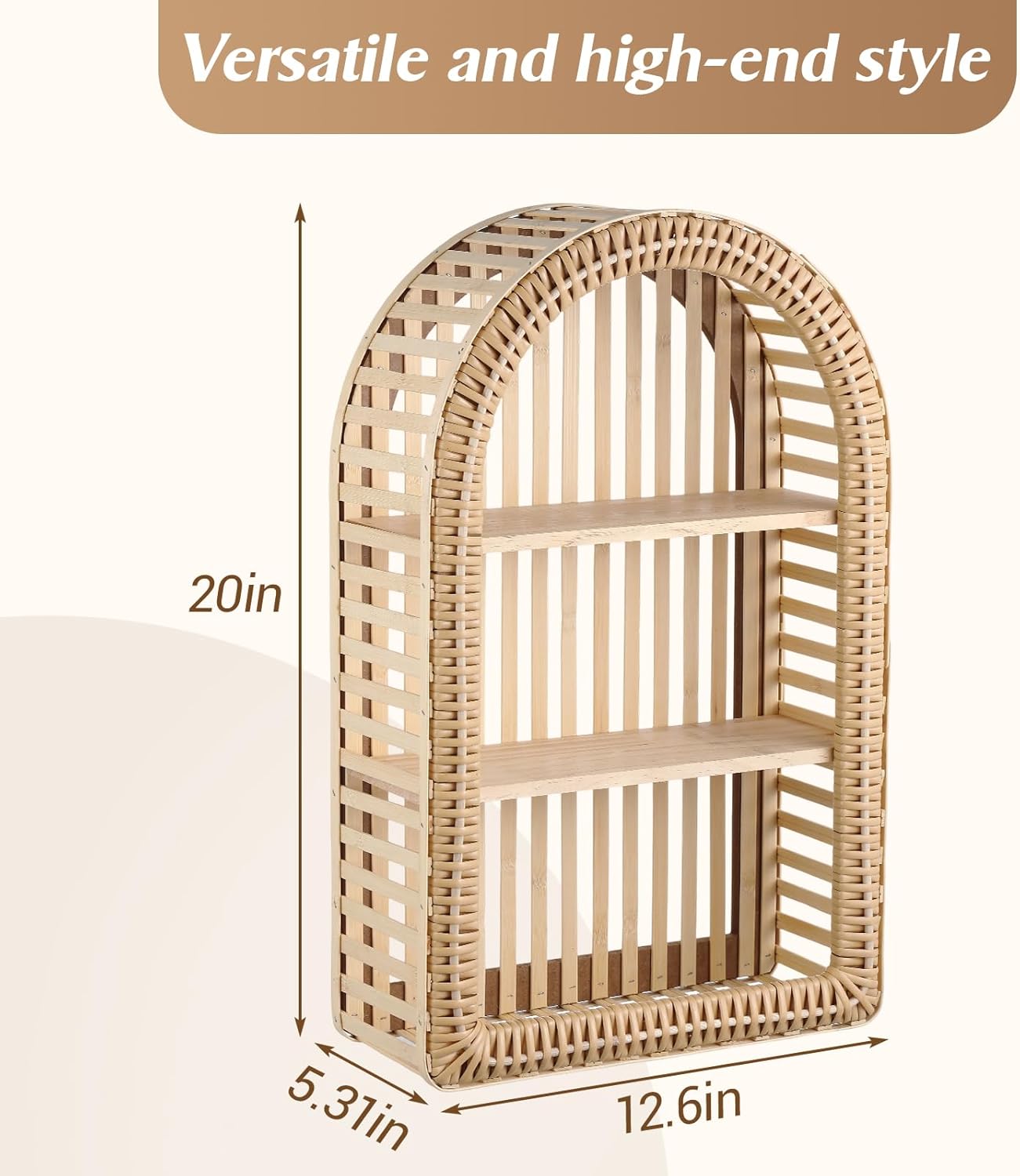 Pinkunn 20'' x 12'' 3 Tier Rattan Wall Shelf Boho Arch Hanging Shelves Arched Wall Mounted Wicker Shelf Decorative Farmhouse Handcraft Floating Storage Display Rack for Bathroom Living Room Decor