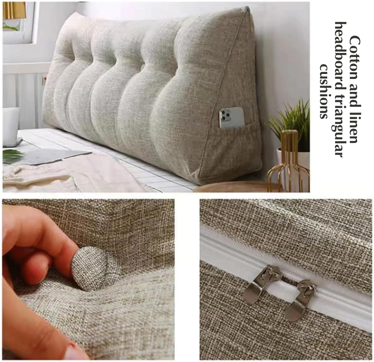 Large Headboard Pillow Triangular Wedge Reading Bed Rest Pillow Linen Cotton Bolster for Daybed Backrest Positioning Support Cushion with Removable Cover(Size:100x50x20cm,Color:G)
