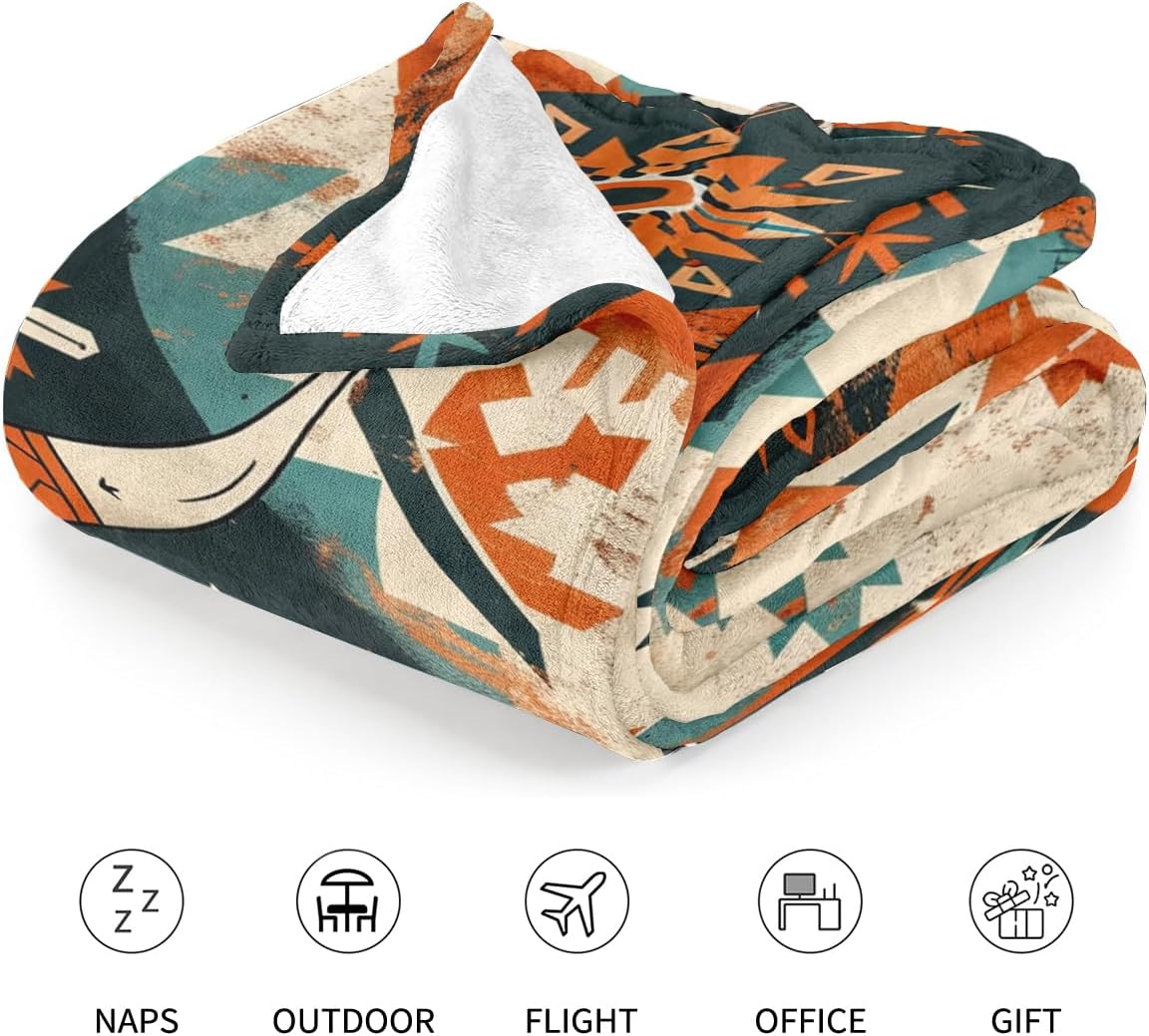 Southwestern Tribal Throw Blanket, Bull Skull Aztec Soft Fleece Blanket for Naps, Outdoor, Travel, Office, Gift (50 x 60 inch)