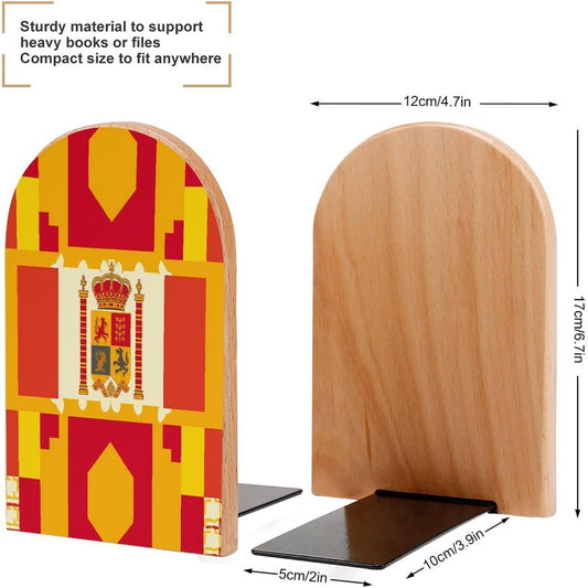 Spanish Flag Pattern Wooden Bookend Non-Slip Book Ends Heavy Duty Book Stopper with Metal Base Books Holderd Decorative Bookends Stands Firmly for Office Supplies