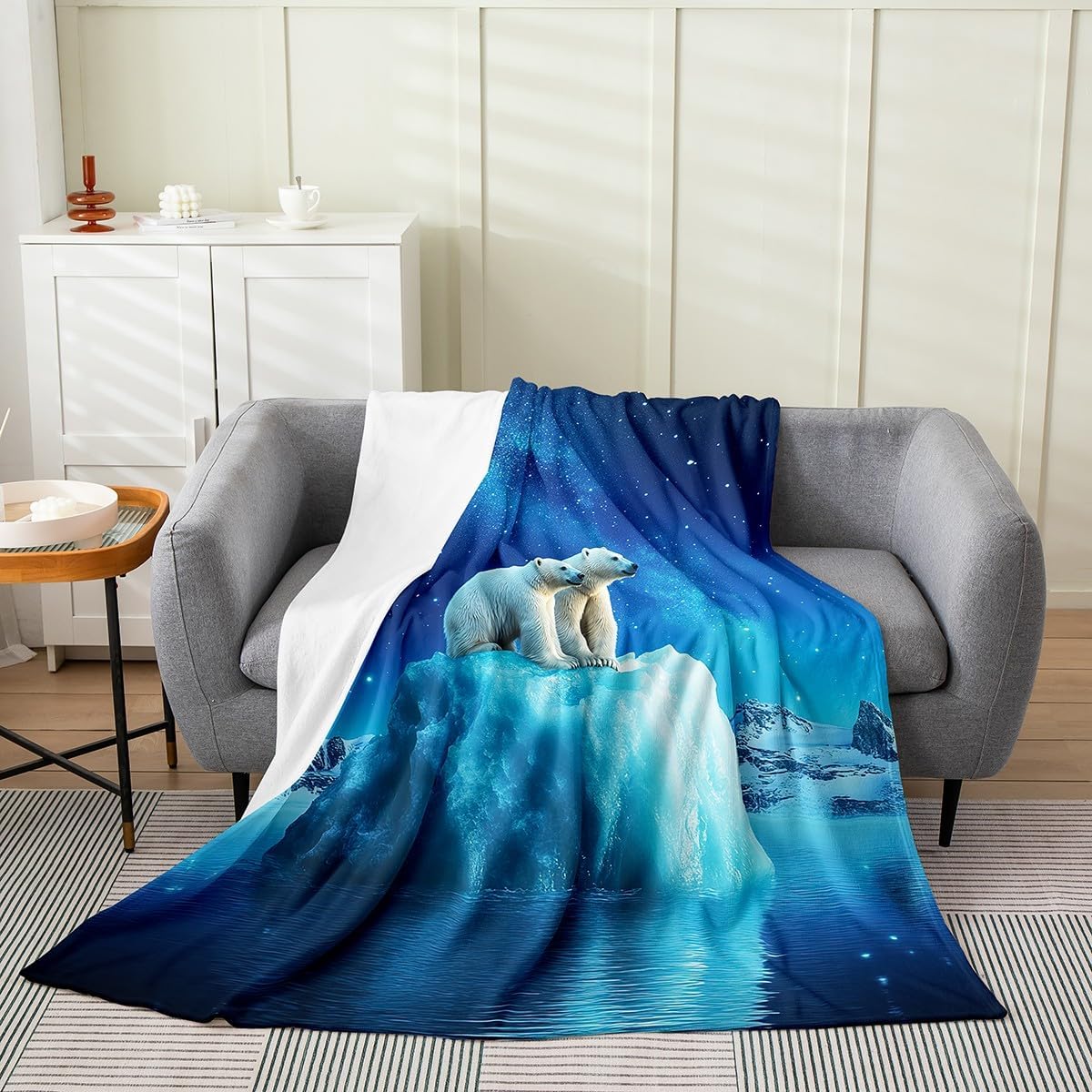 Erosebridal Polar Bear Throw Blanket Queen 90x90 Inch for Bedroom,Arctic Wild Animal Fleece Blanket,Snow Scenery Flannel Blanket,Blue Starry Sky Bed Blanket Warm