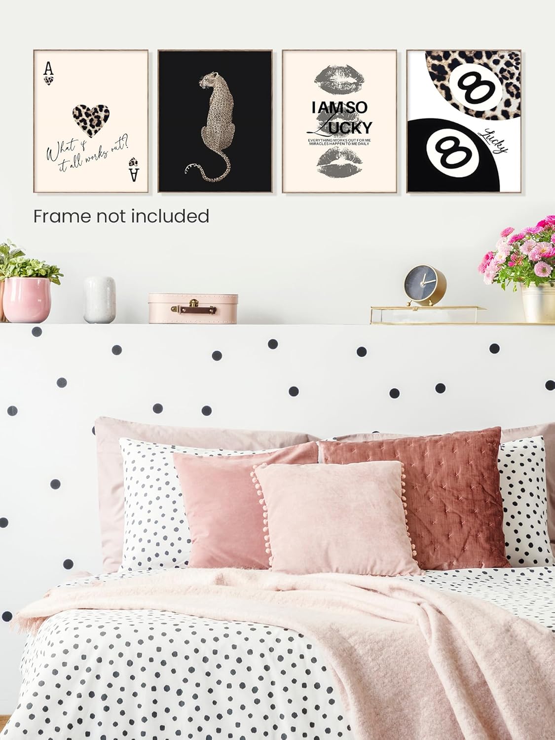 Trendy Leopard Print Lucky Girl 8 Ball Lips Cheetah Ace of Hearts Playing Card Wall Art Prints Set of 4, Funky Y2K Aesthetic Leopard Poster Wall Decor for Girls Room Dorm Apartment, 8x10 Unframed