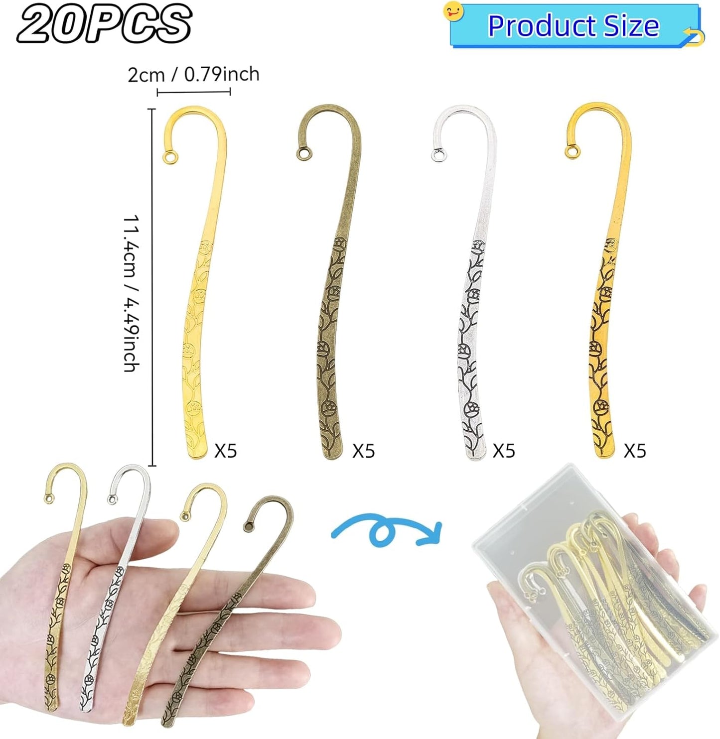 20 Pack Metal Bookmark, Metal Bookmark Hairpin Hook Carved Antique Vintage with Loop Book Markers Embossed Bookmarks, Jewelry Making Charms