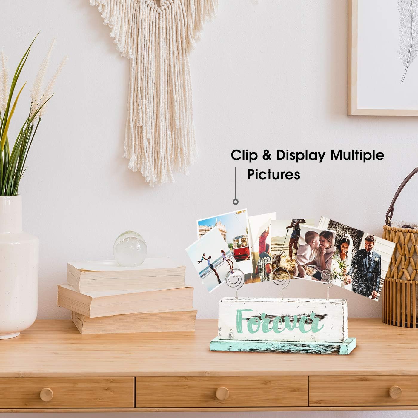 JACKCUBE Design Multi-Photo Display Boho Tabletop Decor Wooden Double Side Memos, Cards, Gallery Display Block with 3 Wire Clips, Desktop Freestanding Polaroid Picture Frame Decoration- MK678A