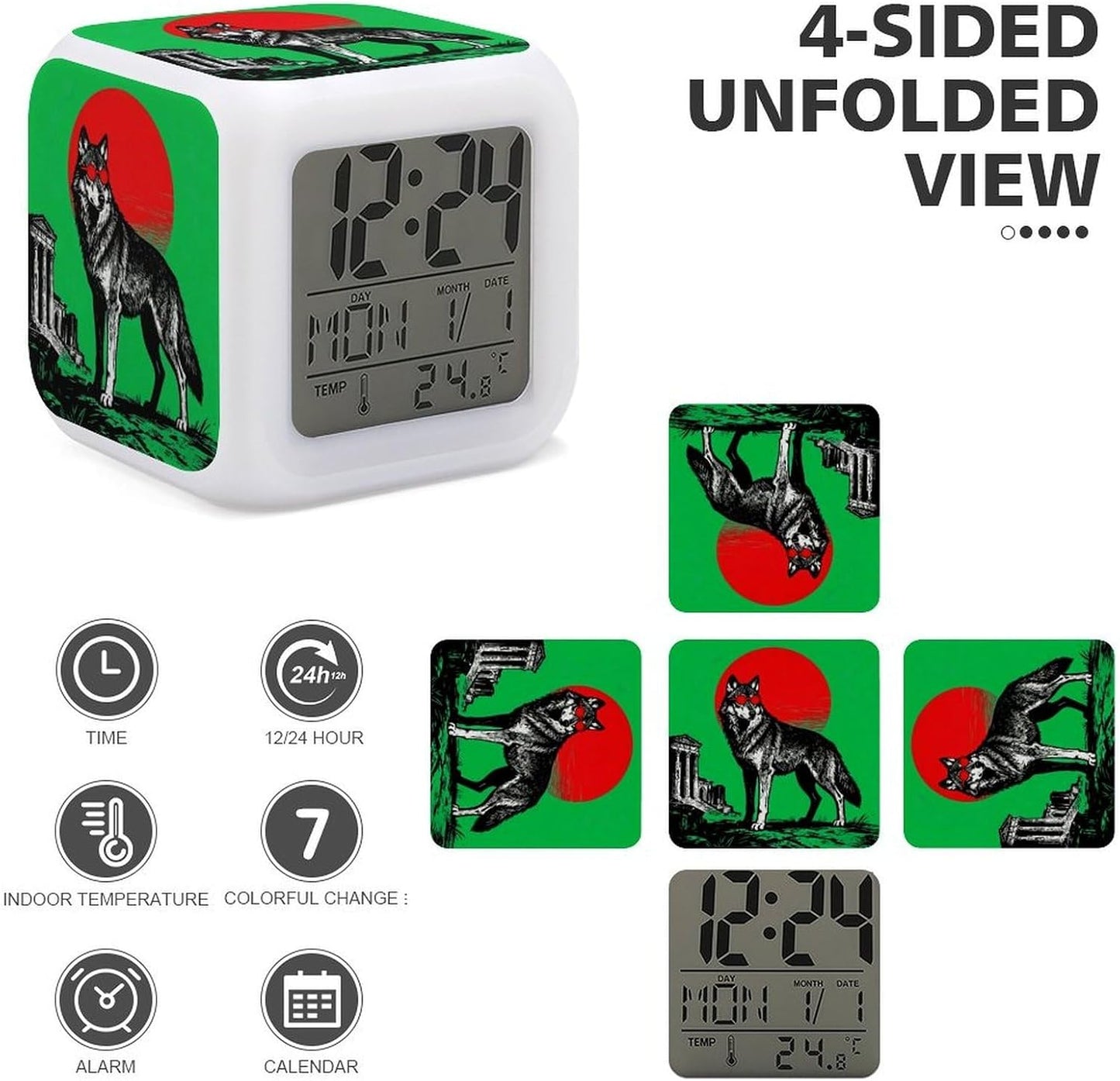 Green Round Wolf 7 Color Changing LED Night Light Alarm Clock Compact 3.1" Cube with Time Date Temperature Display Battery-Powered Auto-Cycling Mood Light for Bedroom Dorm & Travel