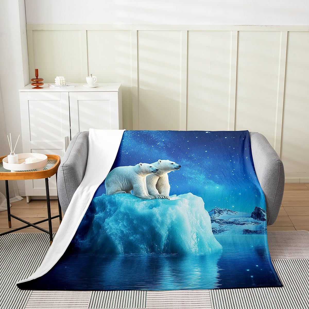 Erosebridal Polar Bear Throw Blanket Queen 90x90 Inch for Bedroom,Arctic Wild Animal Fleece Blanket,Snow Scenery Flannel Blanket,Blue Starry Sky Bed Blanket Warm