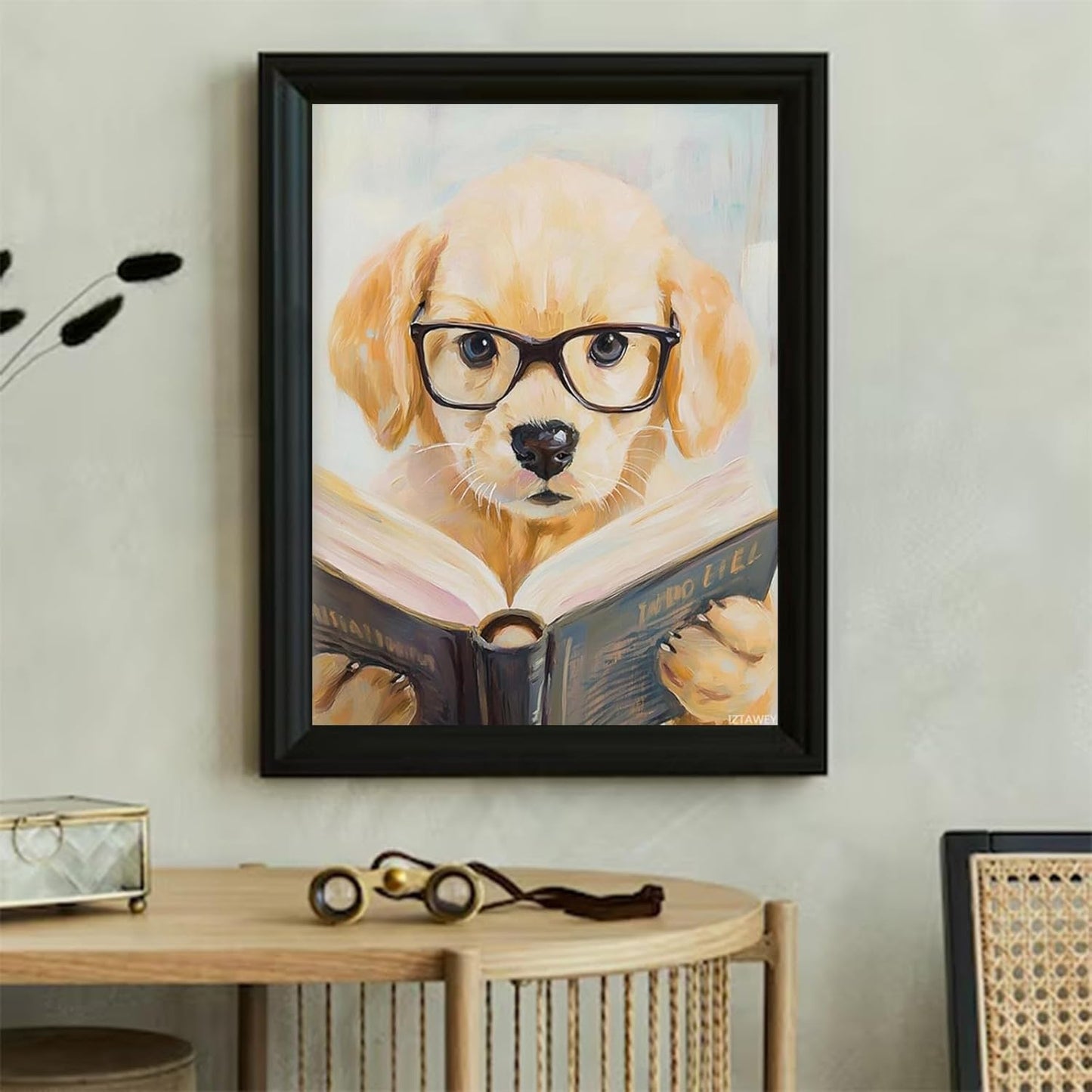 IZTAWEY Cute Dog Reading Book Retro Rustic Poster Canvas Wall Art Retro Artwork Aesthetic Home Decor Picture Print for Living Room Bathroom Bedroom Wall Art Decor No Frame 12x16inch
