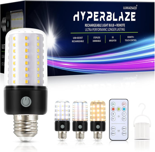 HYPERBLAZE Battery Operated Light Bulbs for Lamps, Wide Bright & 3 Colors & Dimmable Rechargeable Light Bulbs with Remote for Sconces, USB+ E26 Lamp Socket Charging for Non-Hardwired Fixture