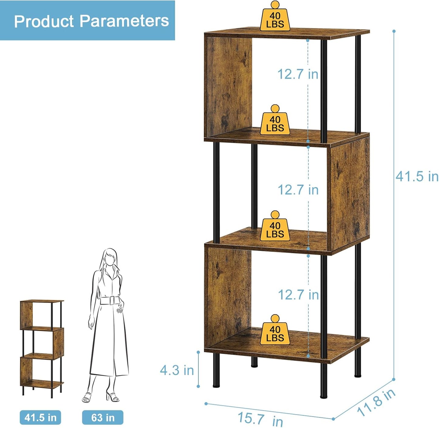 ETELI 4 Tier Bookshelf S-Shaped Small Bookcase Modern Freestanding Multifunctional Wooden Book Shelves for Farmhouse, Living Room, Bedroom, and Home Office