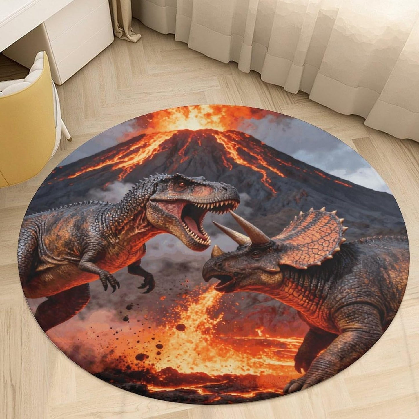 Coral Velvet Round Area Rug 3' Non-Slip TPR Backing Carpet 0.2 Inch Low Pile Dinosaur Volcano Eruption Door Mat Washable Decorative Floor Rug for Bathroom Kitchen Entryway Home Decor