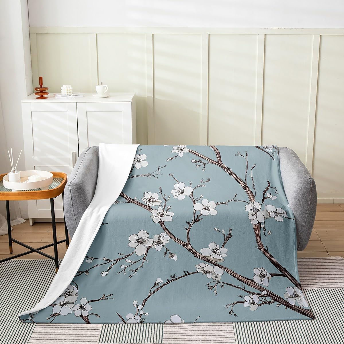 Erosebridal Cherry Blossom Throw Blanket Queen 90x90,Chinoiserie Chic Style Fleece Flannel Blanket,Elegant Floral Branches Style for Girls,Spring Garden Flowers Plum Decor,Grayish Blue