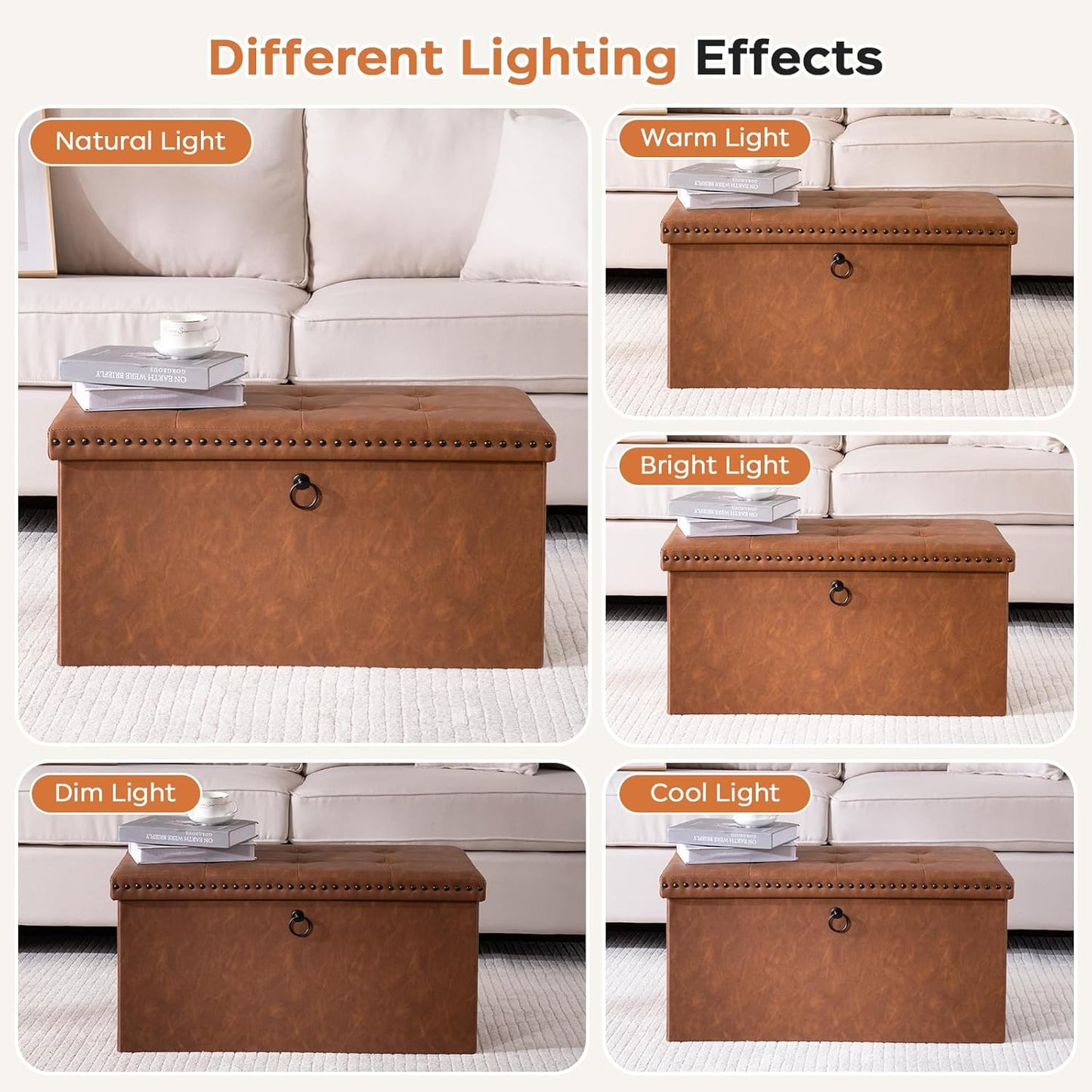 30 Inches Folding Storage Ottoman Bench, Ottoman PU Leather Tuffed End of Bed Bench, Foot Rest with Rivet Design, Ottoman with Storage, Load 330 lb, for Living Room, Bedroom, Entryway, Brown