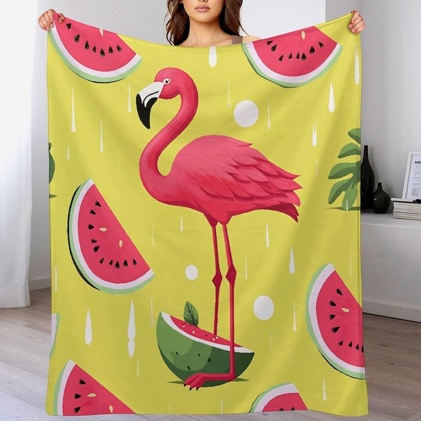Pink Flamingo And Watermelon Blanket Super Soft Lightweight Throw Blanket Cute Cozy Warm Bed Blanket Decorative Fuzzy Blanket All-Season Home Decor Gift for Sofa Couch Living Room 40"*50" （100*130cm）