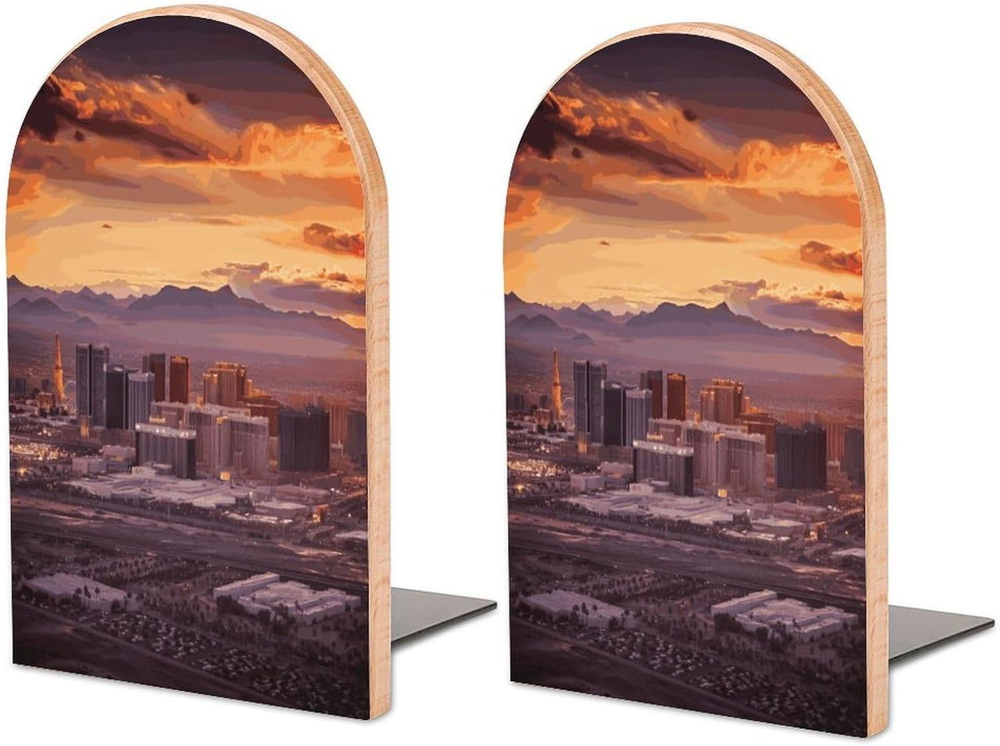 Las Vegas Sunset Bookend for Shelves Wooden Book End Large Size Sturdy Book Holders Stoppers with Metal Base for Bookshelves Slick Decorative Bookends Stands