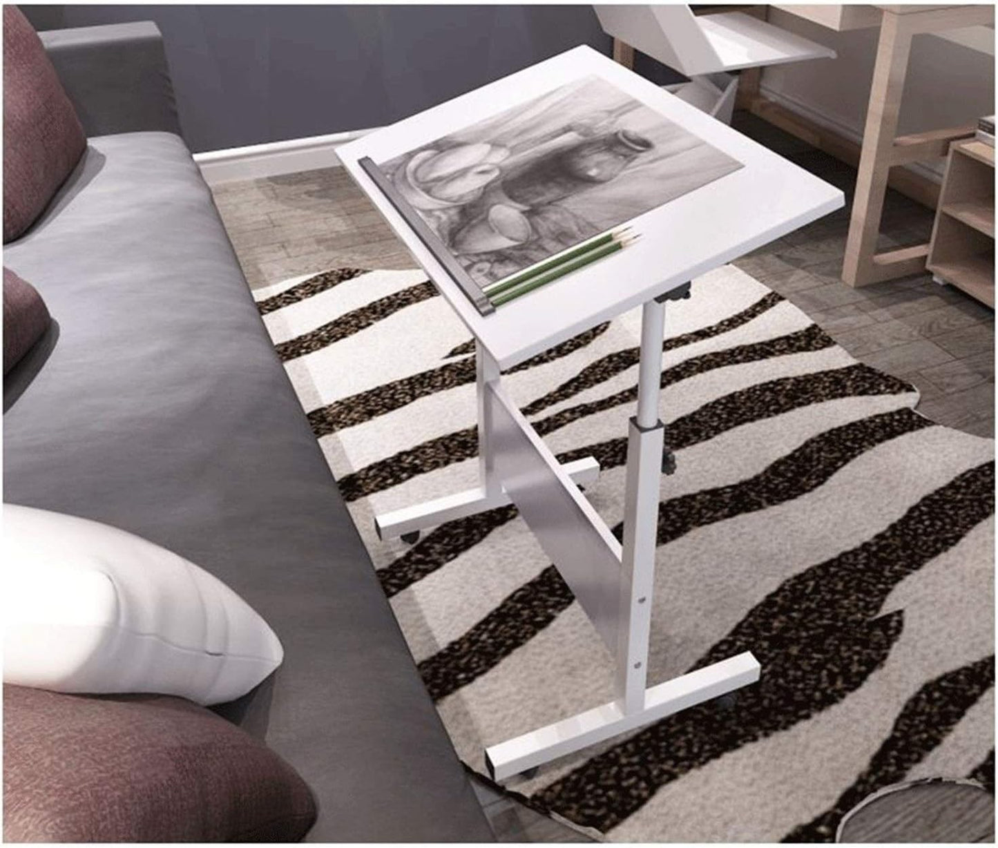 Shaped Notebook Laptop Desk Height Adjustable Computer Desk Bed Sofa Side End Snack Table On Wheels Mobile Reading Table (Color : White Size : 60x40x87cm) (White 80x50x87cm)