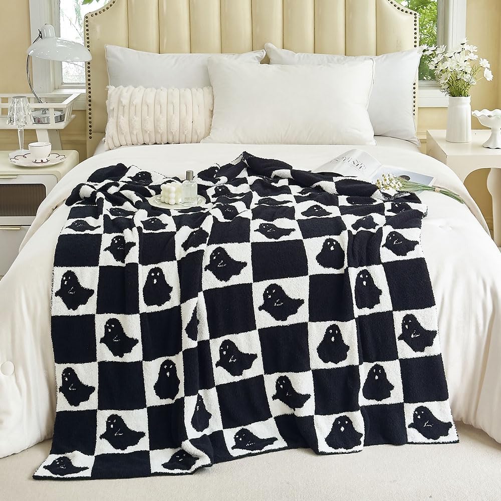 Ultra Soft Cozy Microfiber Black Skull Ghost Halloween Knitted Throw Blanket Fluffy Fuzzy Double Sided Lightweight Warm Camping Travel Bed Blanket for Couch Sofa 50x60 Inches (Ghost 2 Black)