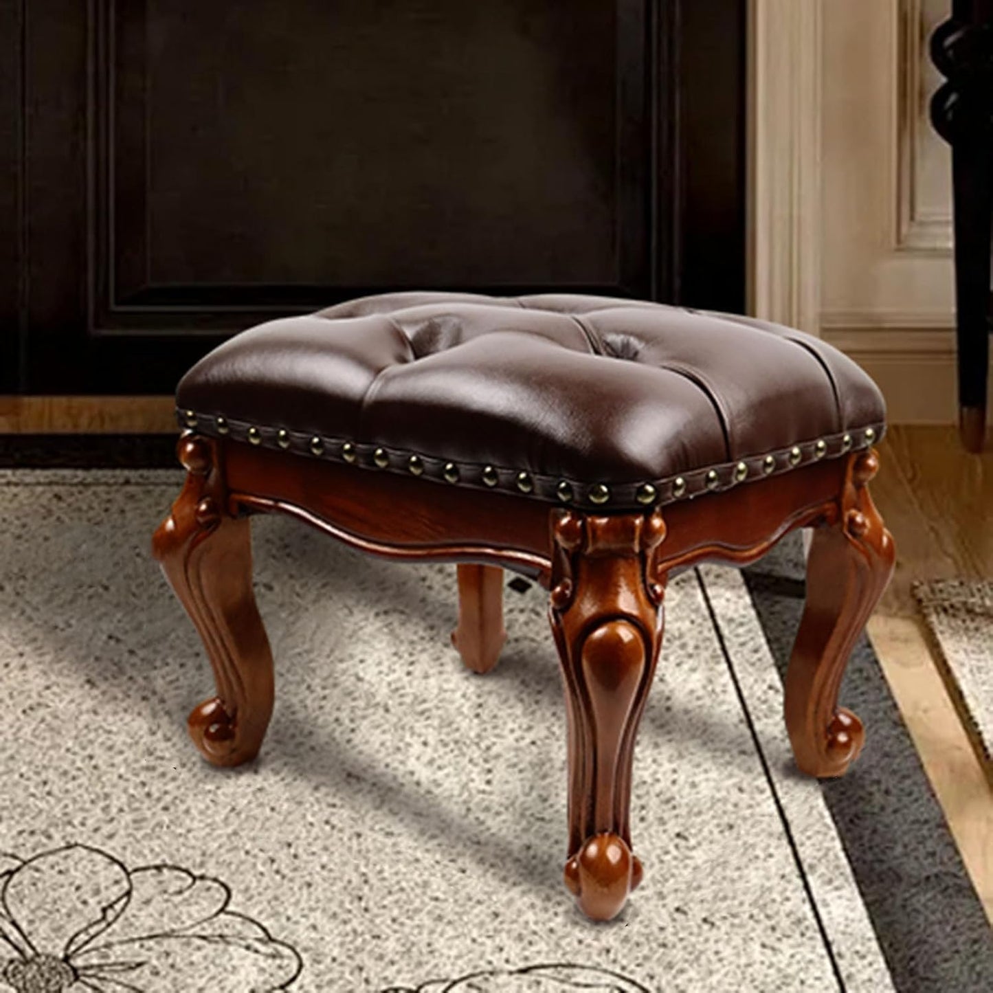 Leather Foot Stool Small,Vintage Ottoman Leather Foot Rest,Wooden Footrest,Upholstered Footstool for Couch/Living Room/Sofa,Cherry (12.6)