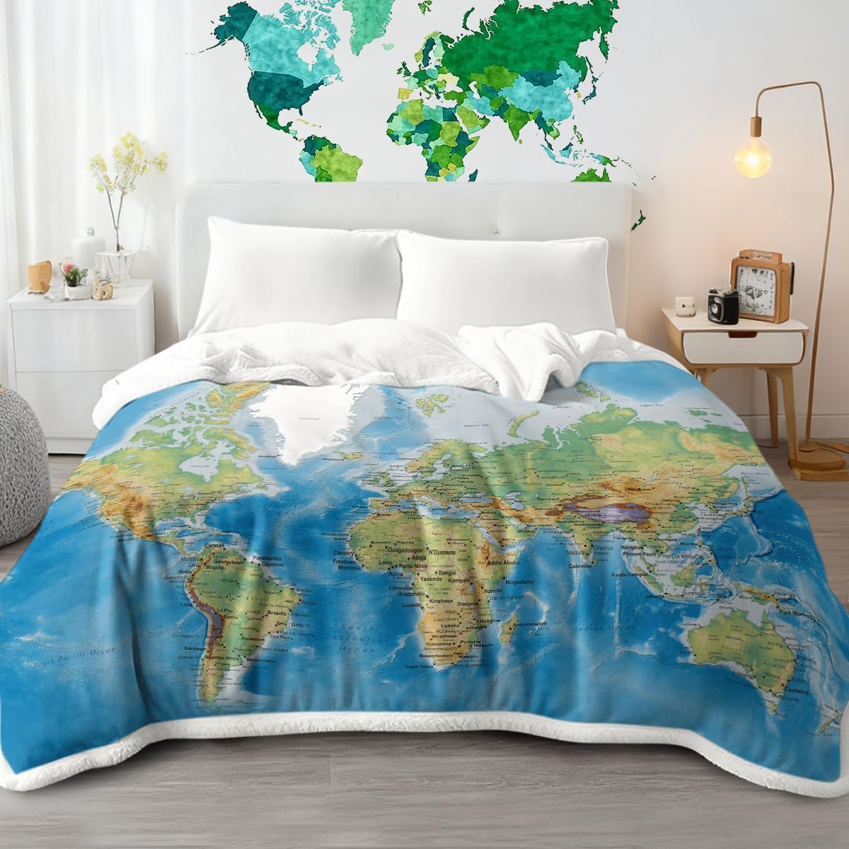 Sleepwish Map Fleece Blanket Vivid 3D Print Map of The World Sherpa Throw Blanket 60x80 Inches