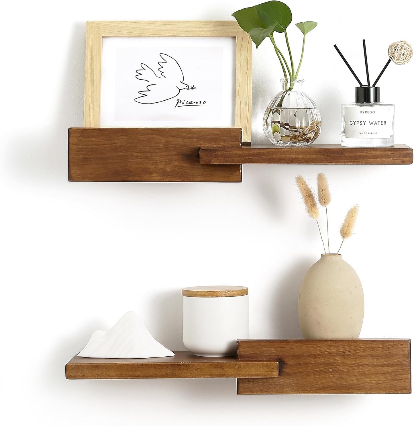 Wood Floating Shelf Set of 2, 4.5D x 15W Inch Modern Reversible Wall Shelves, Minimalism Wall Mount Hardwood Shelves, Wall Decor for Bedroom Living Room Kitchen (Walnut)