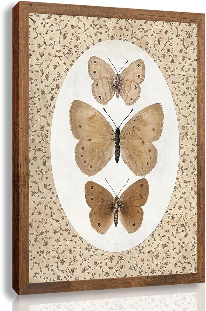 Butterfly Wall Art Prints Nature Vintage Preppy Moth Canvas Gifts Posters Wall Decor Dark Moody Insect Artwork Small Cottagecore for Bedroom Bathroom Kitchen Office Hoom Decor 8x10inch Wood Framed