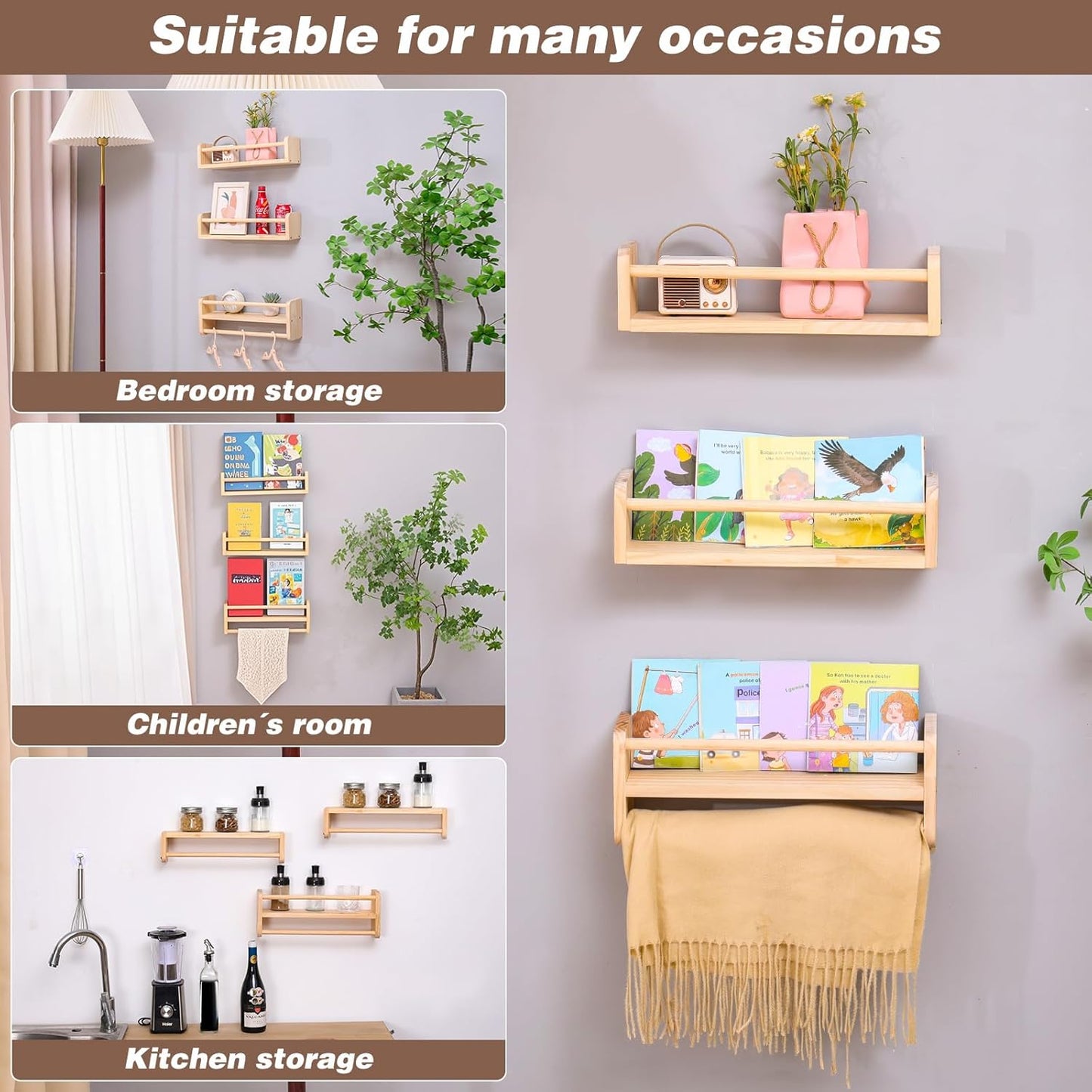 Wall mounted multifunctional storage rack, natural pine kindergarten bookshelf, furniture decoration rack, children's room floating bookshelf, bathroom, kitchen seasoning bracket (3-piece set)