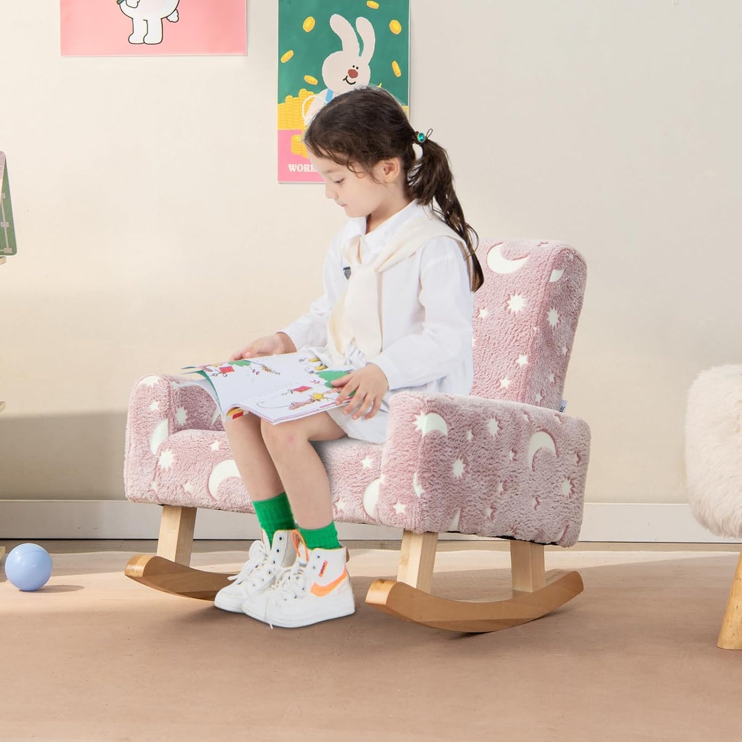 Costzon Kids Rocking Chair, Glow in the Dark, Upholstered Flannel Children's Sofa w/Poplar Wood Rocking Feet, Comfy Backrest for Kids Room, Nursery, Playroom, Preschool, Birthday Gift for Boys Girls