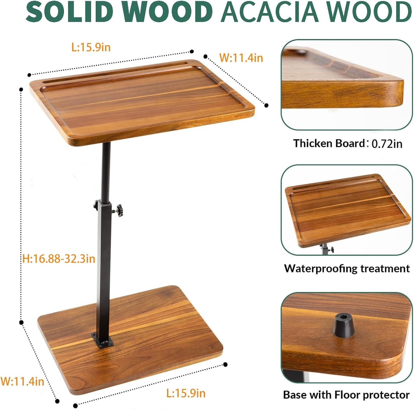 Large Solid Wood Acacia Wood Couch Table,Height Adjustable C Table with Phone & Tablet Slot,Swivel TV Trays for Eating on Couch, Bedroom or Livingroom, Oblong