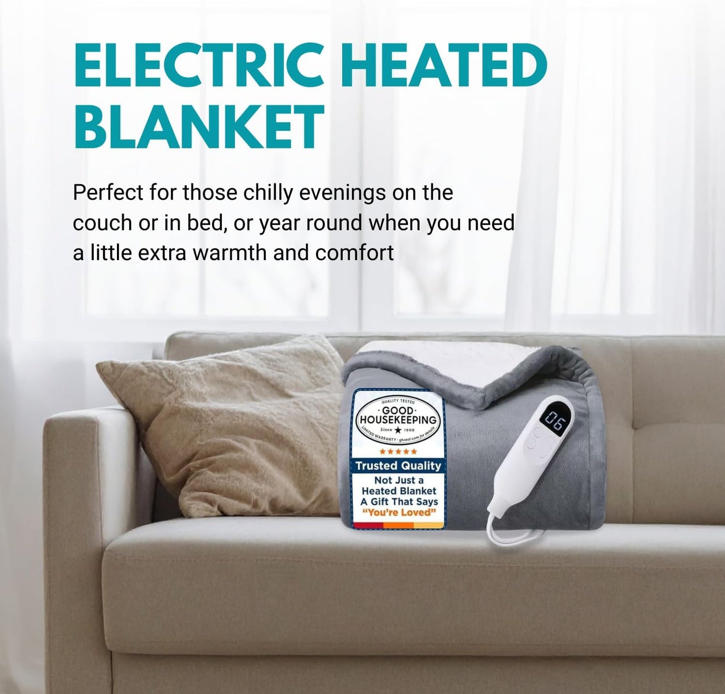 Consumable Corner - Electric Heated Throw Blanket - Soft Flannel & Cozy Sherpa Material - 6 Customizable Heat Levels - Auto-Off 2-8 Hour Timer - Premium Quality - Gray - 50" x 60" - 1 Blanket
