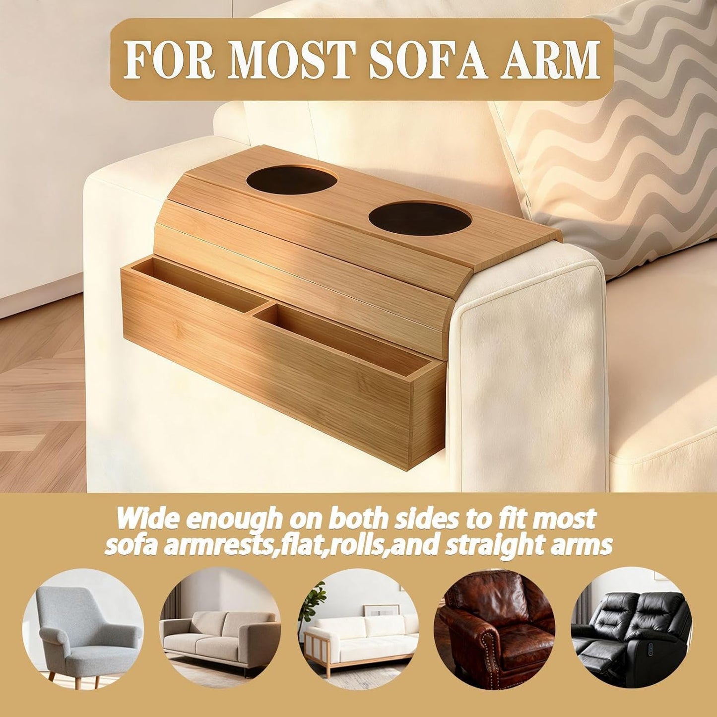 Bamboo Sofa Armrest Tray Foldable Couch Arm Tray Non Slip Sofa Armrest Table with Cork Coasters Color Natural Couch Armrest Organizer for Drinks Mobile Phone TV Remote Control Snacks